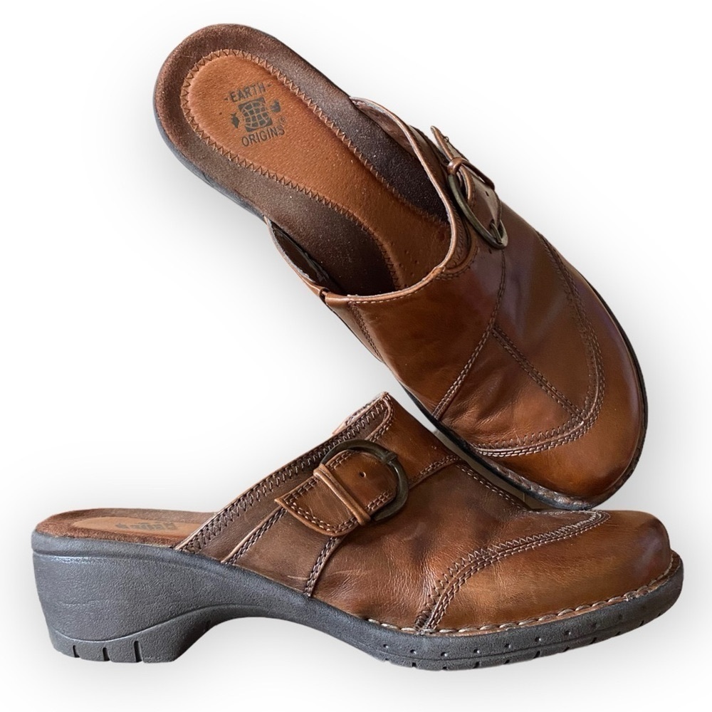 Earth Origins Gabby Mule Clogs Brown Leather Mules Women’s Size 9.5 Slip On Shoe